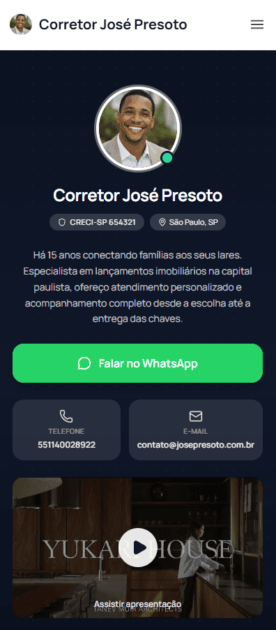 Site corretor — contato mobile
